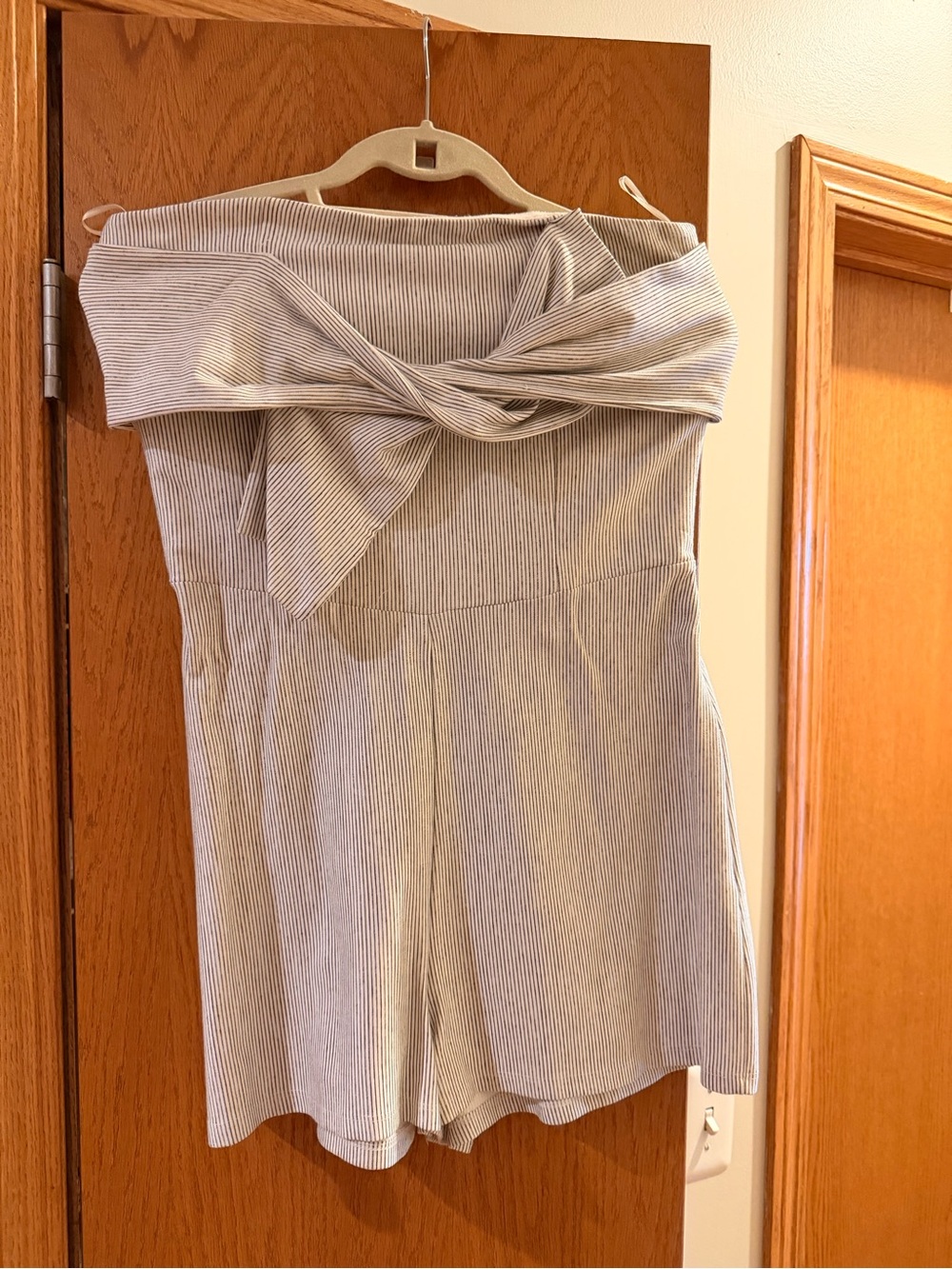 Zara Off-Shoulder Striped Romper in Light Blue and White